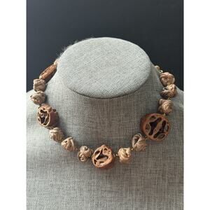 Vintage Signed Miriam Haskell Organic Clay + Shell Walnut Nut Bead Necklace 16”
